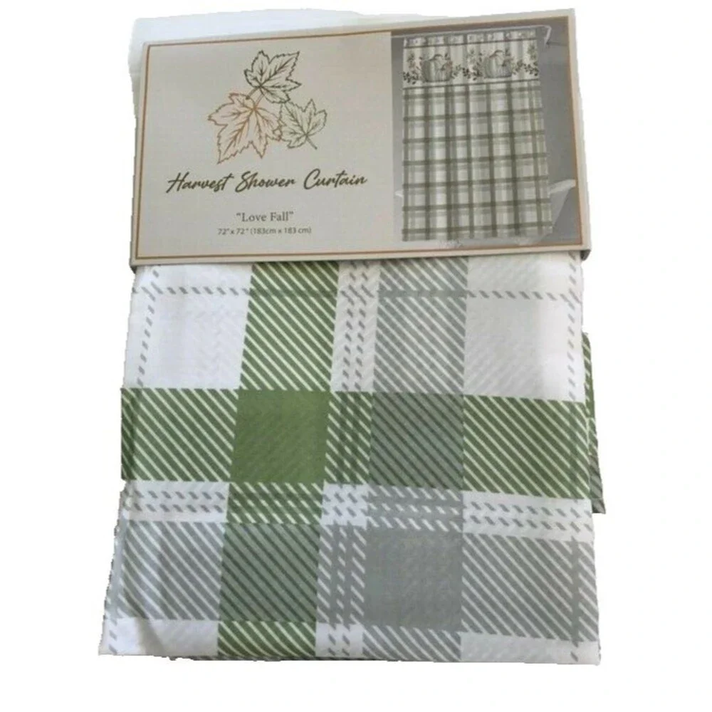Thanksgiving Pumpkins Plaid Shower Curtain Cloth Fabric Green White 72x72